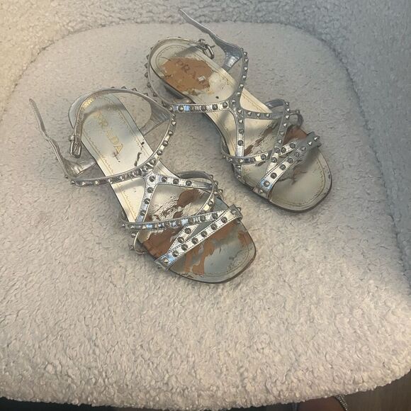 Prada Metallic Silver Studded Sandals 37/7 - Picture 1 of 6